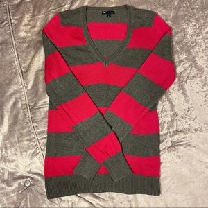 Pink & Grey Striped V-Neck Long Sleeved Sweater